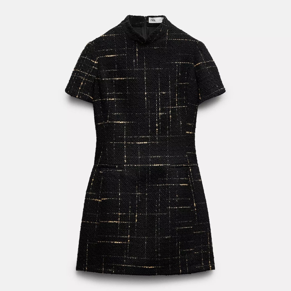 Zara Elegant Black and Gold Patterned Mini Dress
